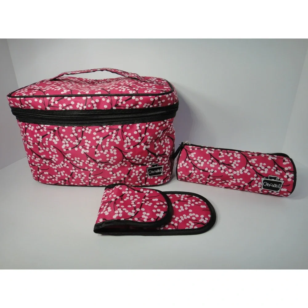 Caboodles 3 Piece Cosmetic Bag Set Pink Floral Cherry Blossom Train Case Mirror